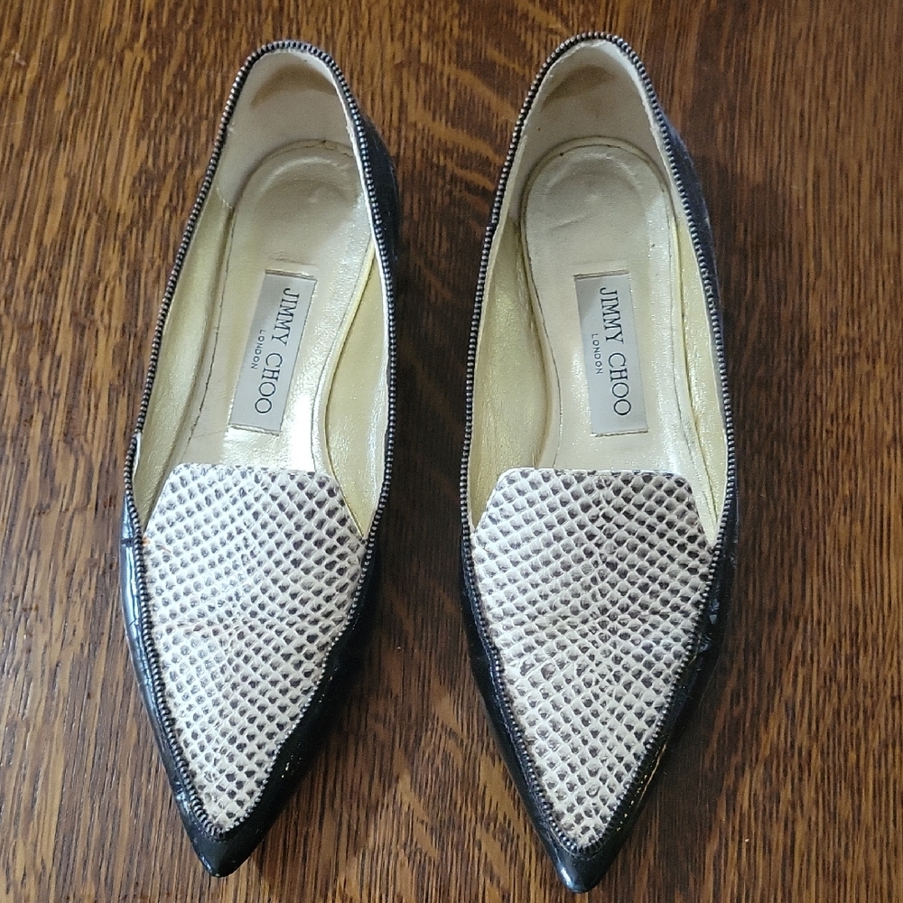 Jimmy Choo Black and White Snakeskin Loafers